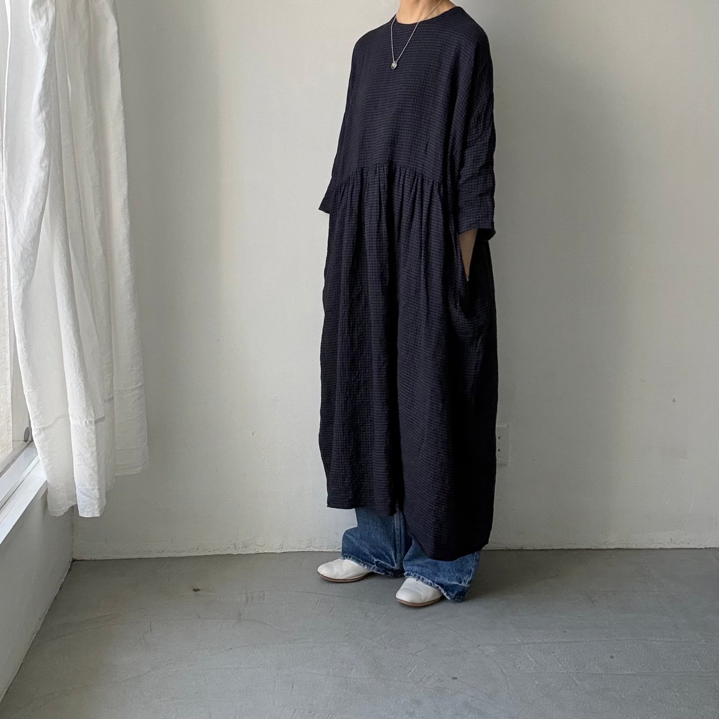 jujudhau ギンガムリネンギャザードレス
