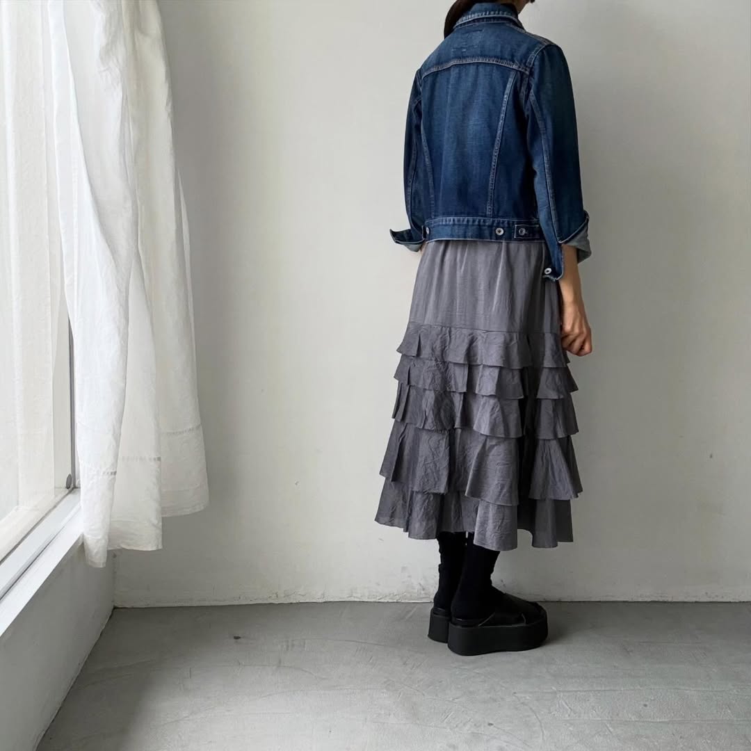 MAGALI コットンシルクブレイドティアードスカート　グレー