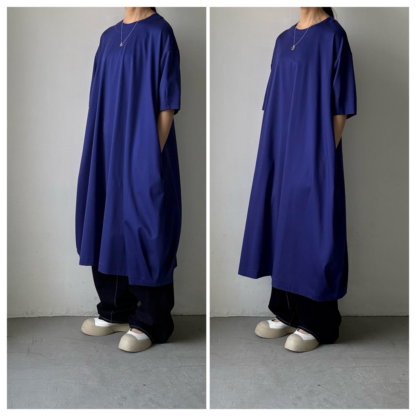 atelier naruse  コットンカットソーコクーンワンピース　ネイビーブルー