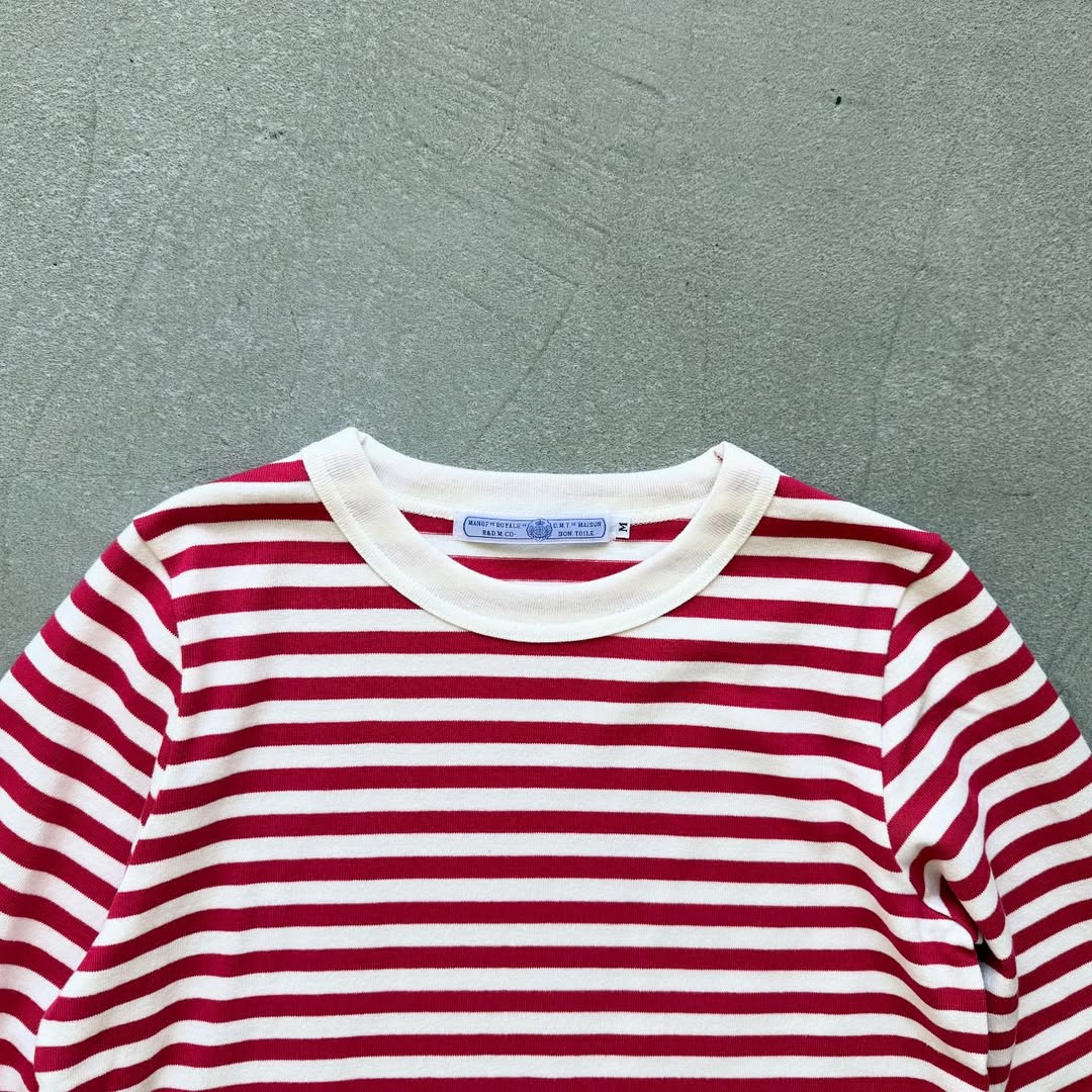 R&D.M.Co 裏起毛ボーダークルーネック長袖Tシャツ　ホワイト×ピンク