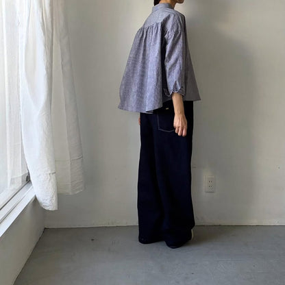 🟡週末入荷分予約受付中🟡Linenya  ギンガム丸襟長袖ブラウス　ホワイト×ブラック