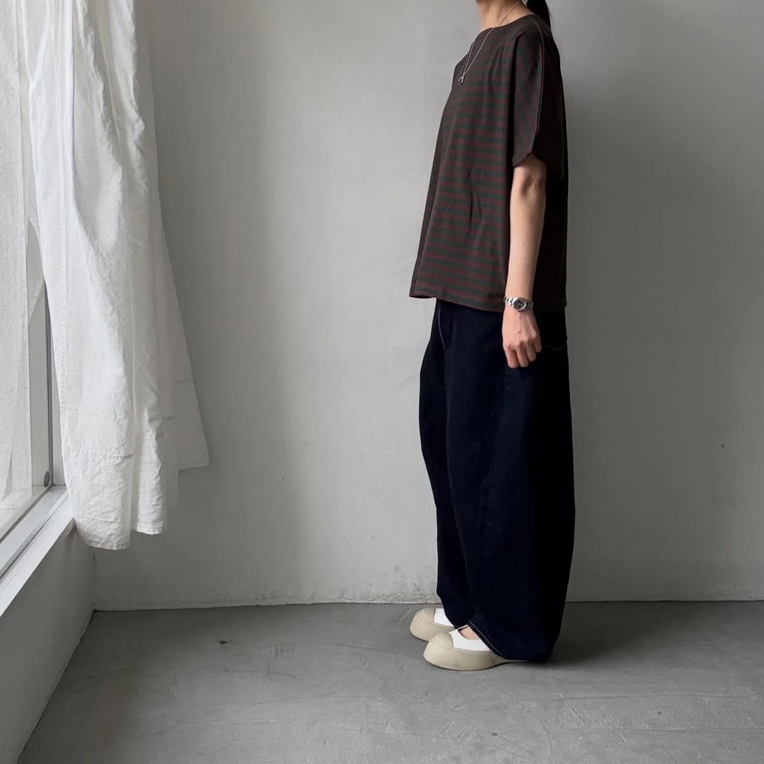 homspun  天竺ボーダー半袖プルオーバー　グリーン×ブラウン