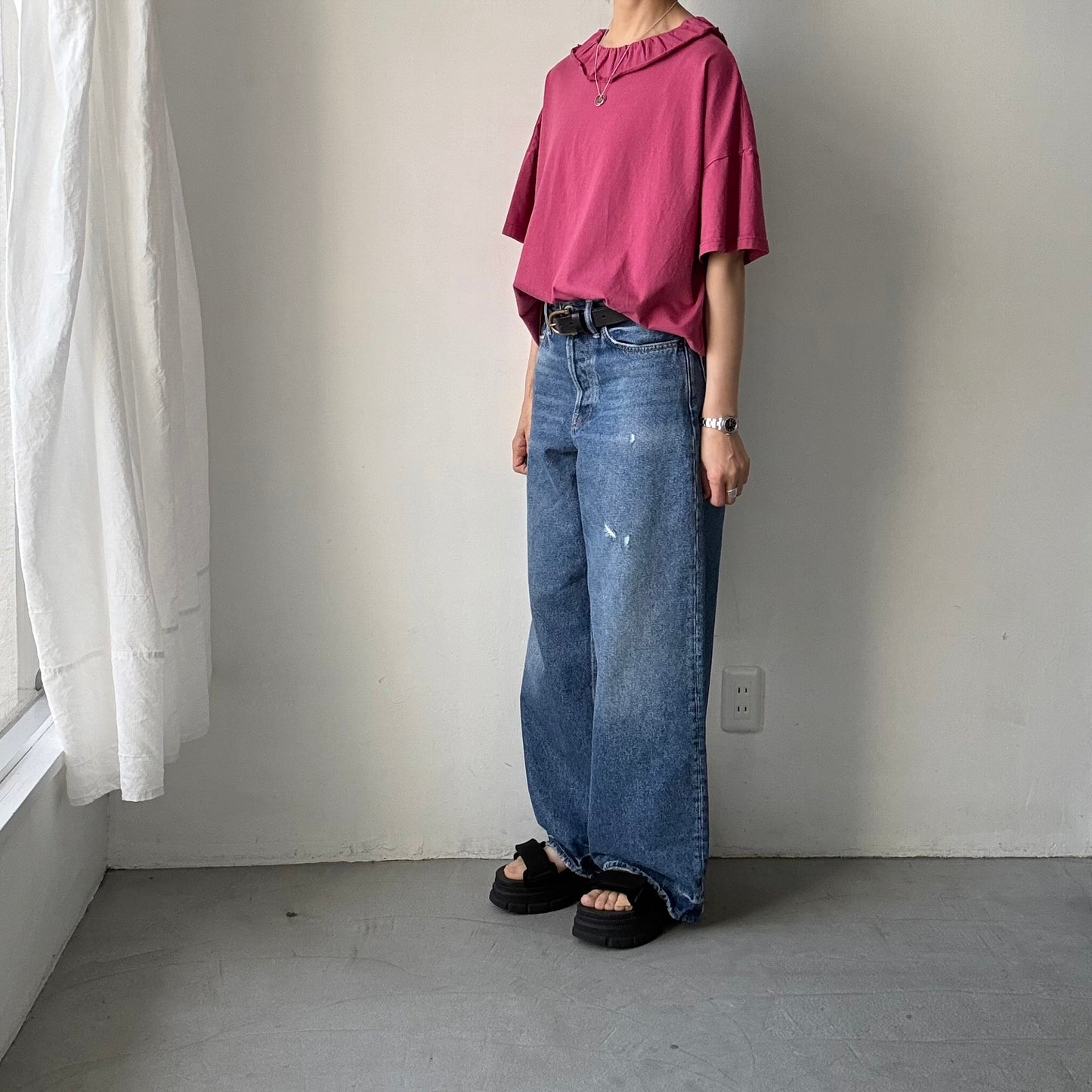 homspun 天竺フリルカラー半袖プルオーバー　ワイン