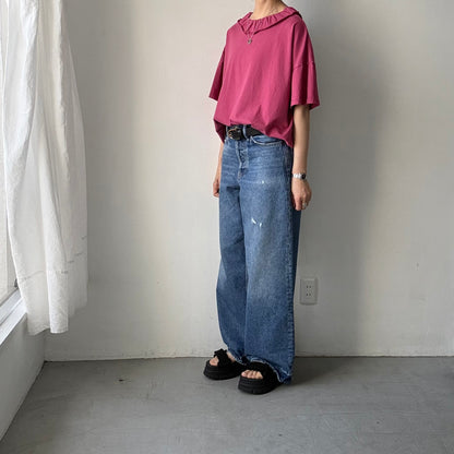 homspun 天竺フリルカラー半袖プルオーバー　ワイン