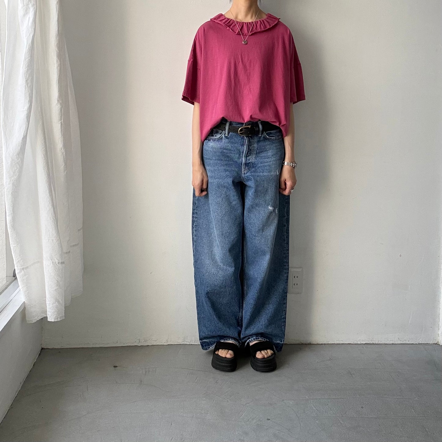 homspun 天竺フリルカラー半袖プルオーバー　ワイン