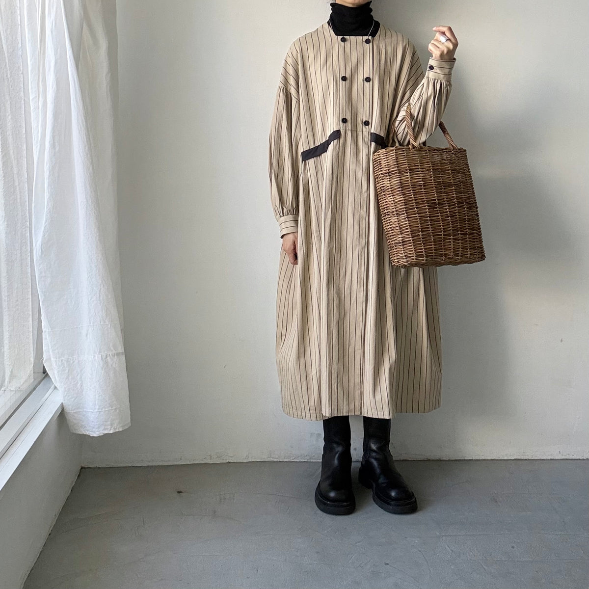 MAGALI コットンシルクストライプダブルボタンワンピース