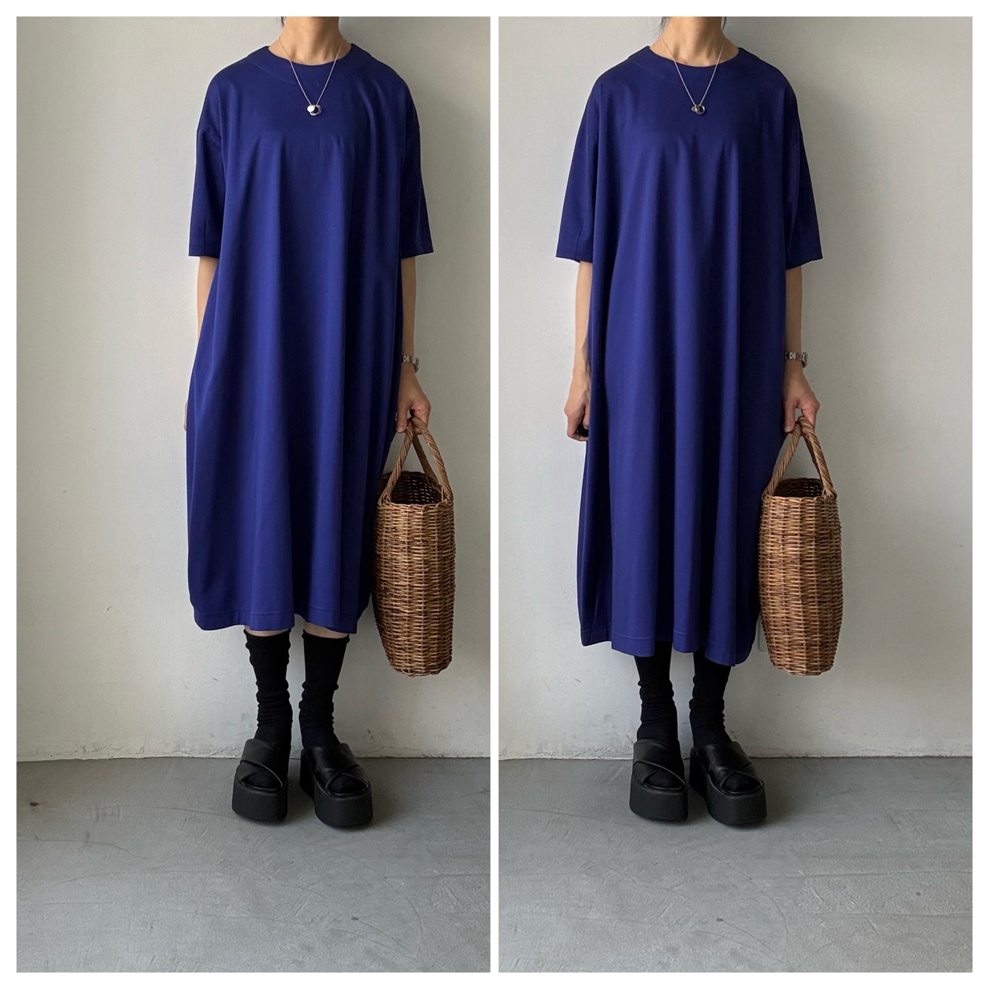 atelier naruse  コットンカットソーコクーンワンピース　ネイビーブルー