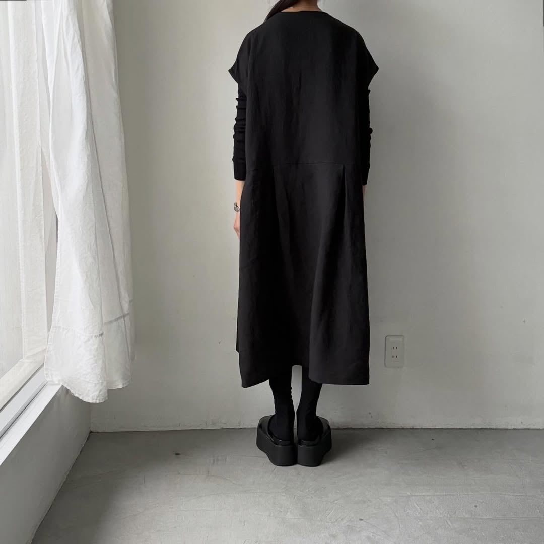 Linenya  リネンフレンチスリーブワンピース　ブラック