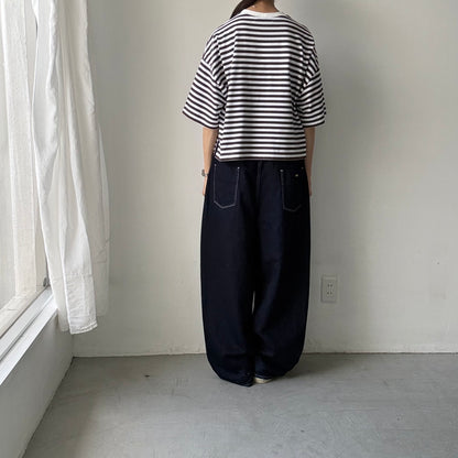 atelier naruse  コットンボーダー半袖カットソー　チャコール