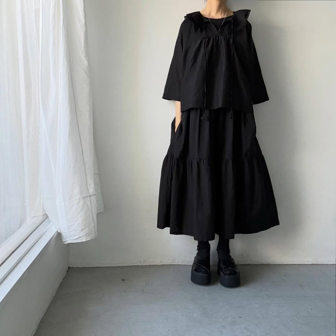 MAGALI コットンシルクブレイドフリルカラーブラウス　ブラック