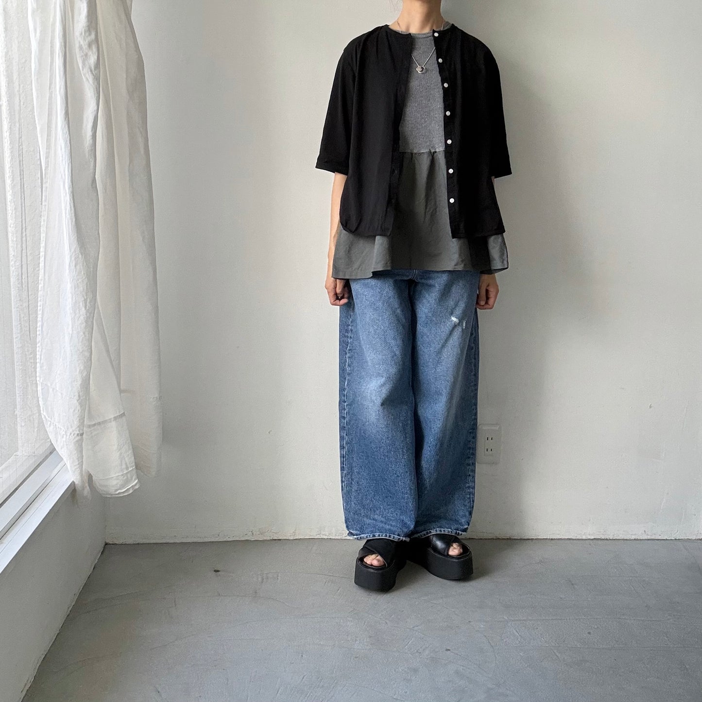 homspun  ワッフルノースリーブプルオーバー　トップグレー×グリーン