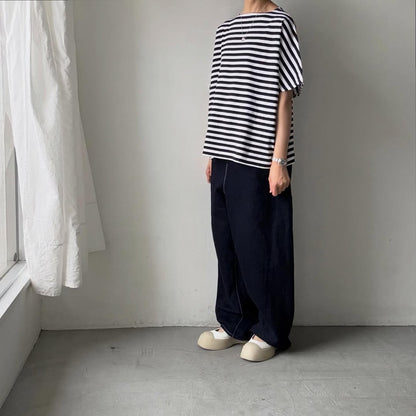 homspun  天竺ボーダー半袖プルオーバー　ホワイト×ブラック