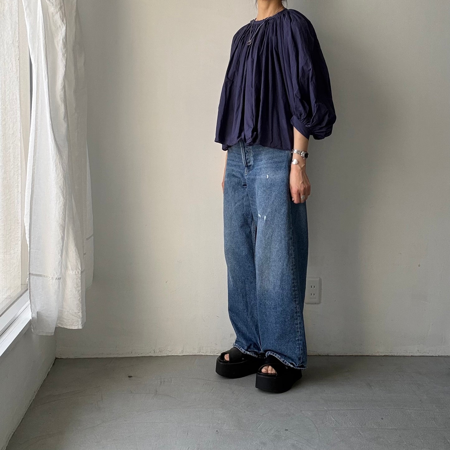 R&D.M.Co ガーメントダイカディギャザースモック　ダークブルー
