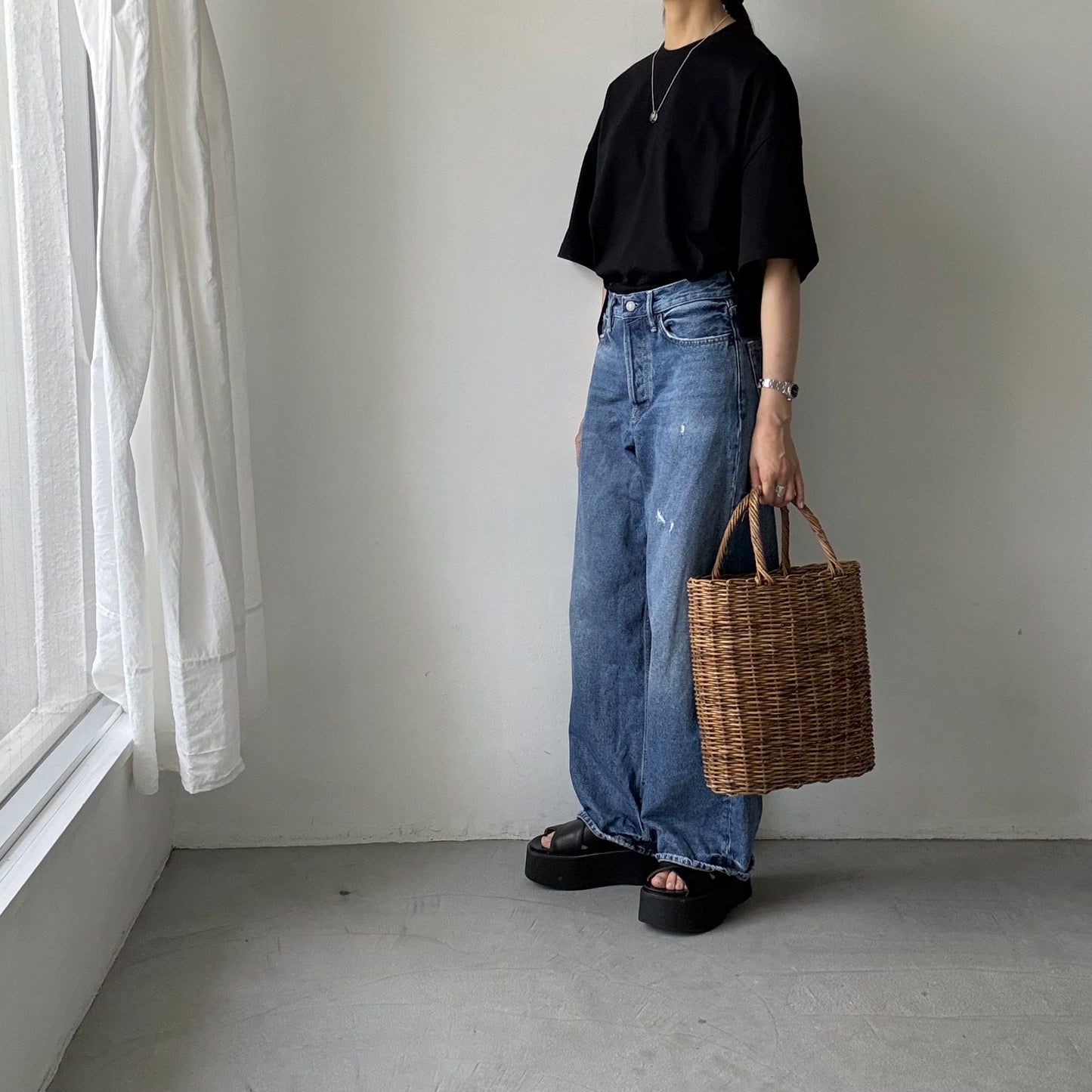 atelier naruse  コットン5分袖カットソー　ブラック