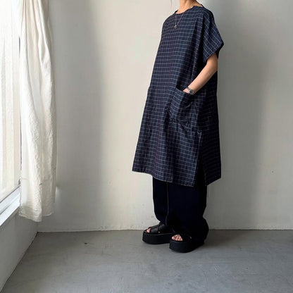 homspun コットンリネンチェックワンピース　ネイビーチェック