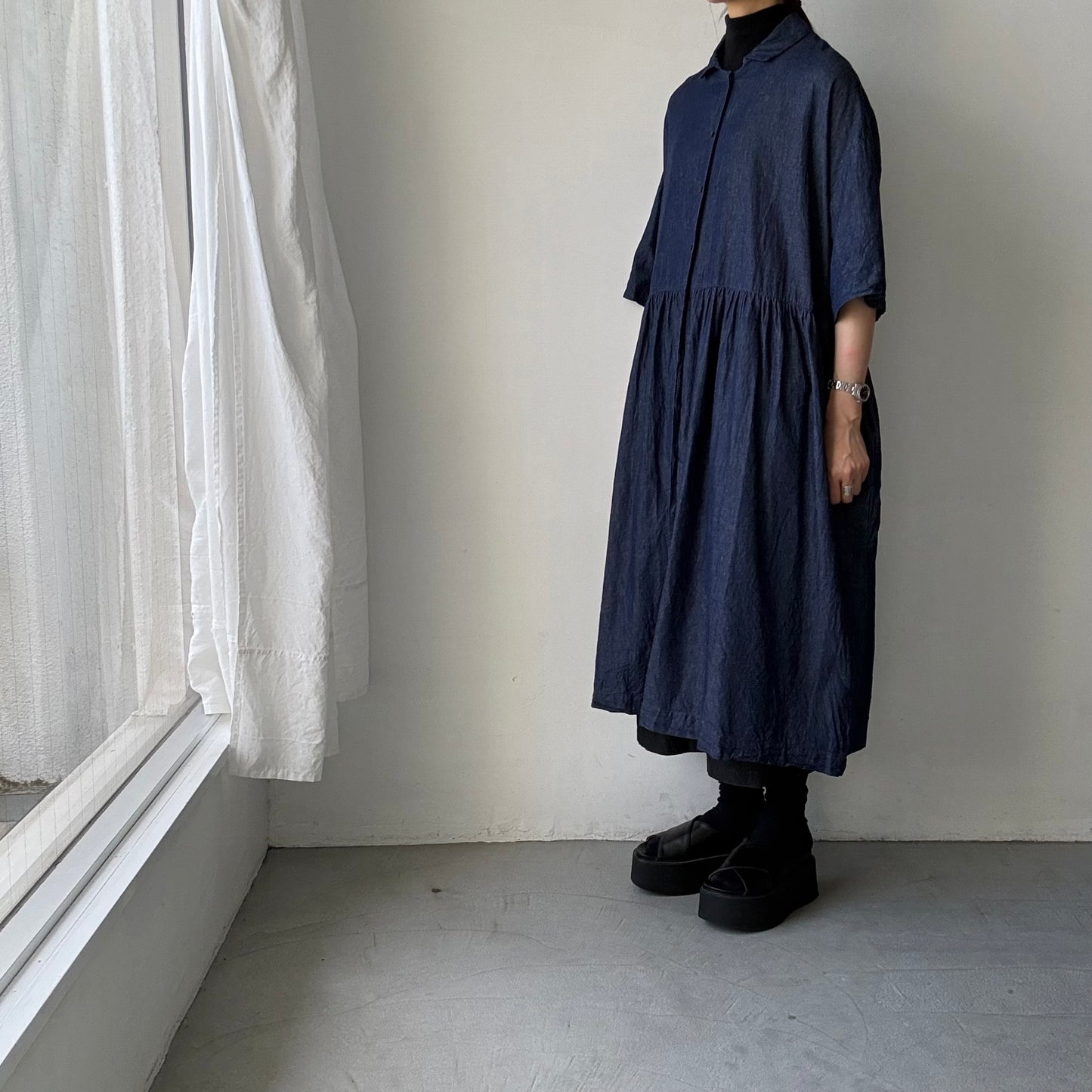 jujudhau  デニムハーフスリーブドレス