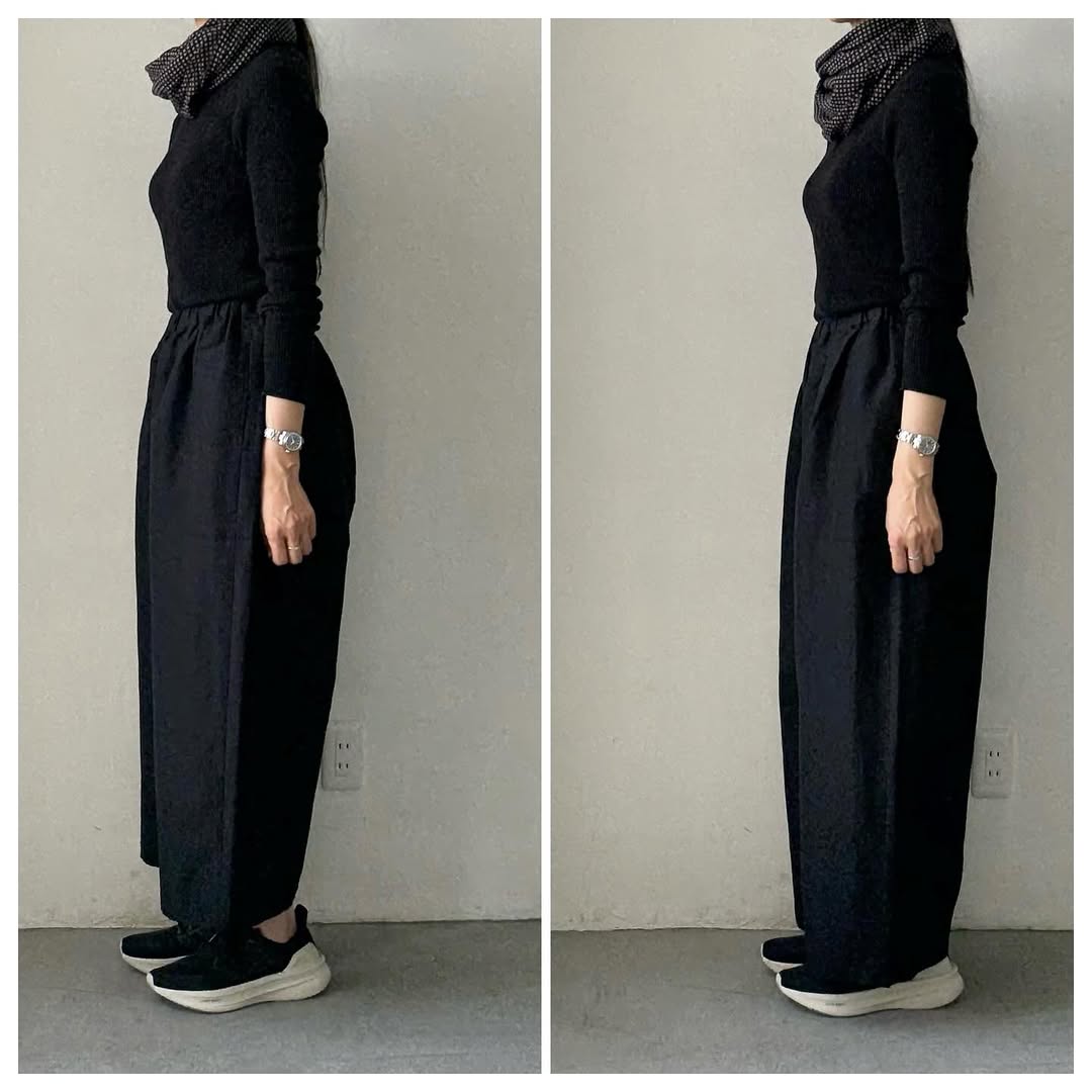 homspun ウールリネンギャザーワイドパンツ　ブラック