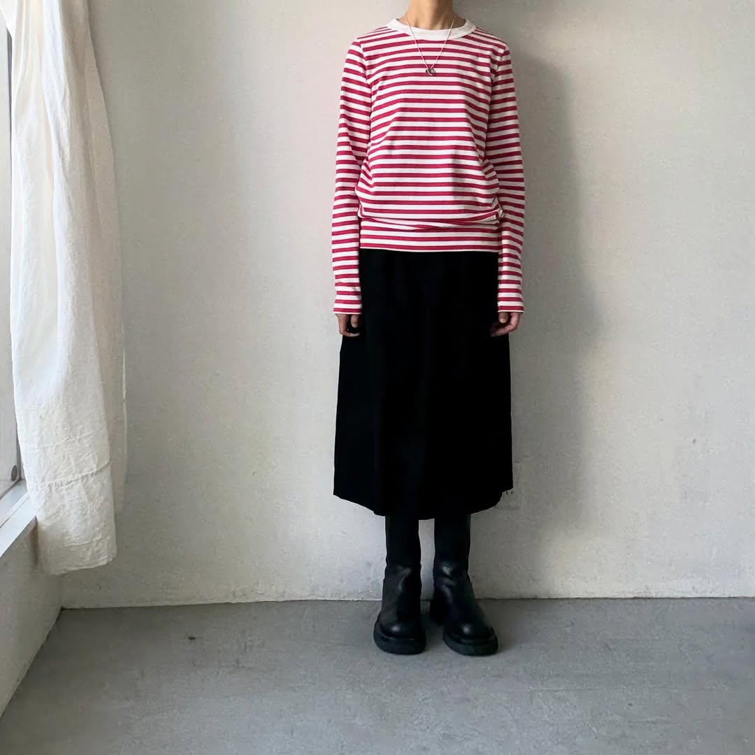 R&D.M.Co 裏起毛ボーダークルーネック長袖Tシャツ　ホワイト×ピンク