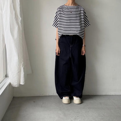 homspun  天竺ボーダー半袖プルオーバー　ホワイト×ブラック