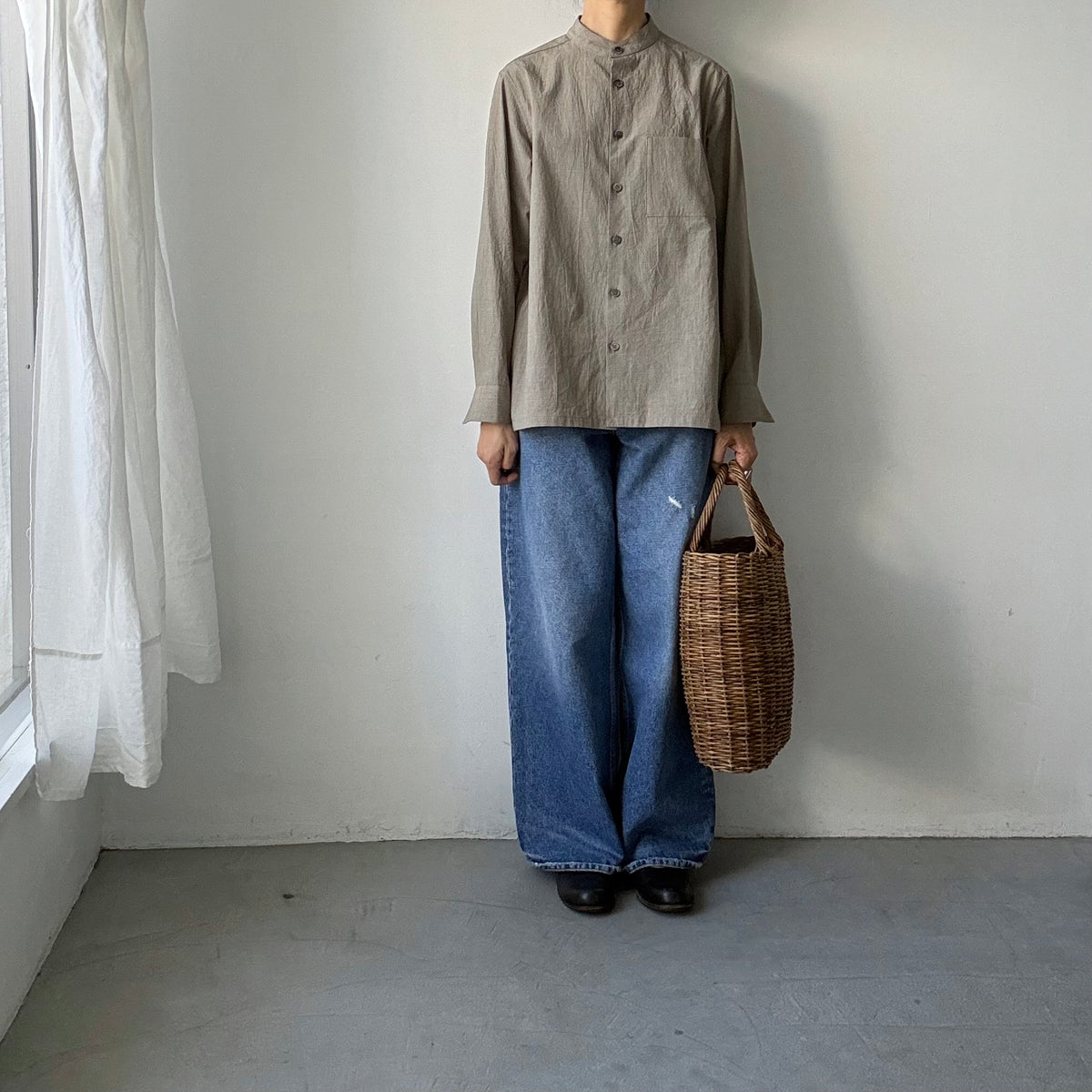 atelier naruse  オーガニックコットングレンチェックバンドカラーシャツ