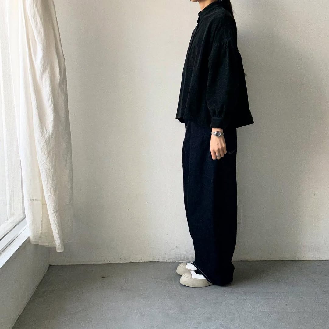 Linenya  長袖スタンドカラーブラウス　ブラック