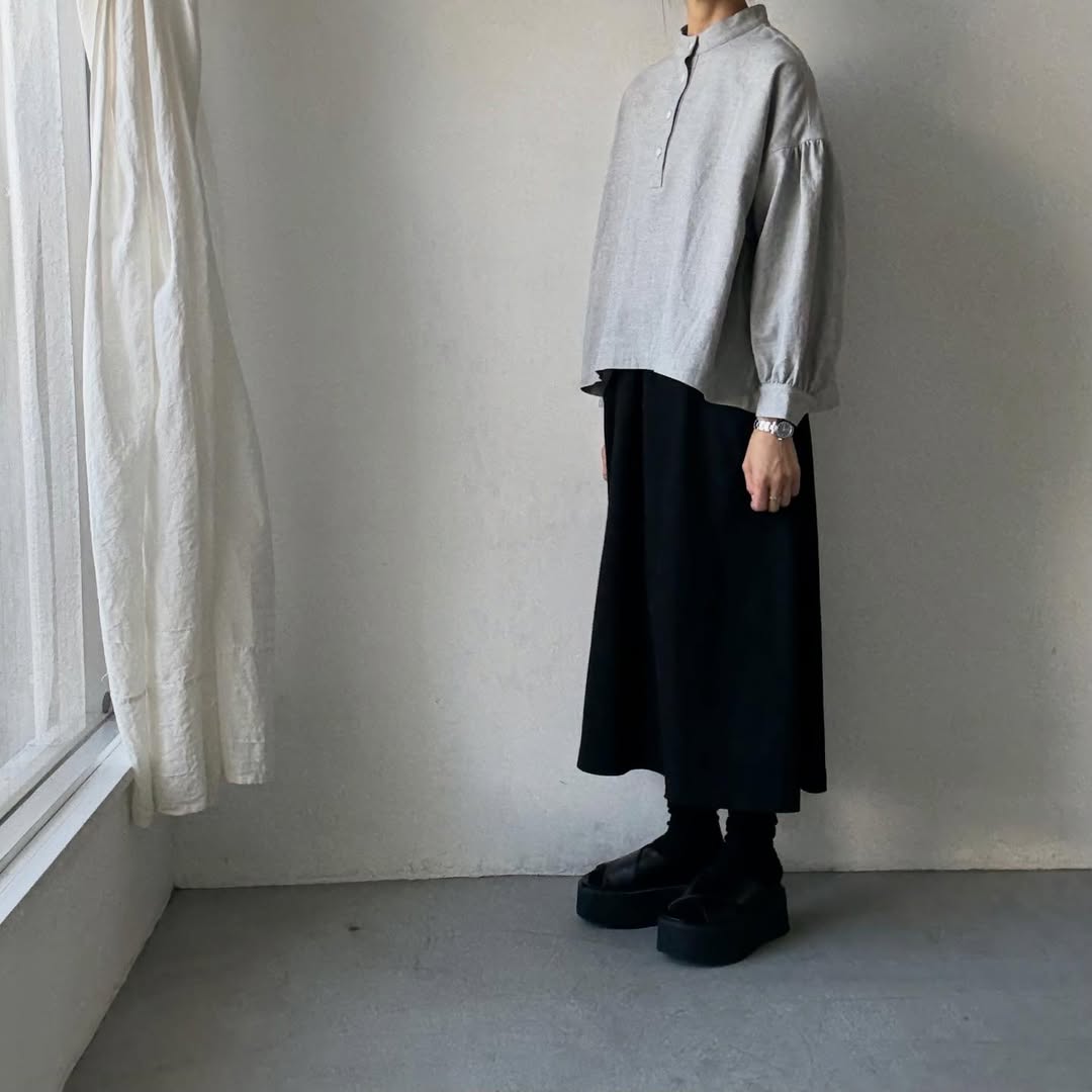 Linenya  コットンリネンウール長袖スタンドカラーブラウス