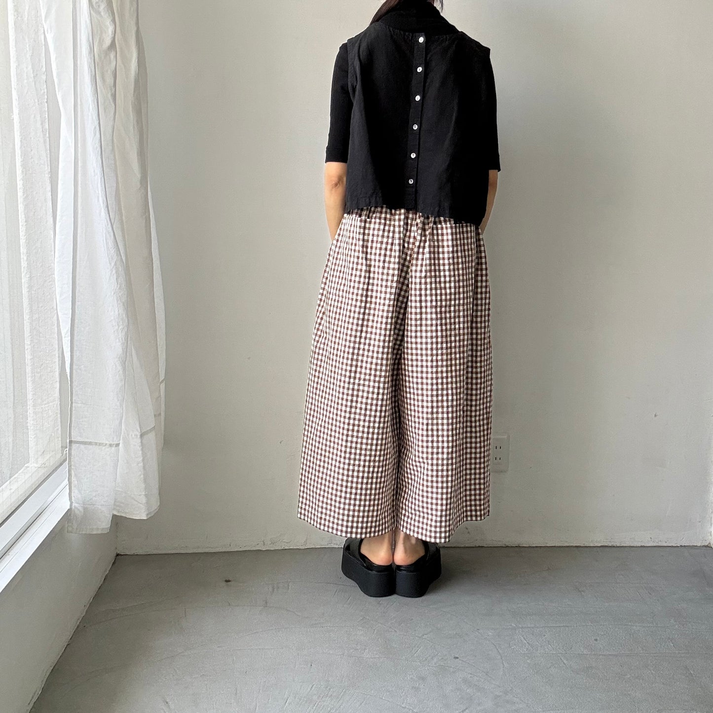 R&D.M.Co 　ギンガムチェックワイドゴムパンツ　ブラウン