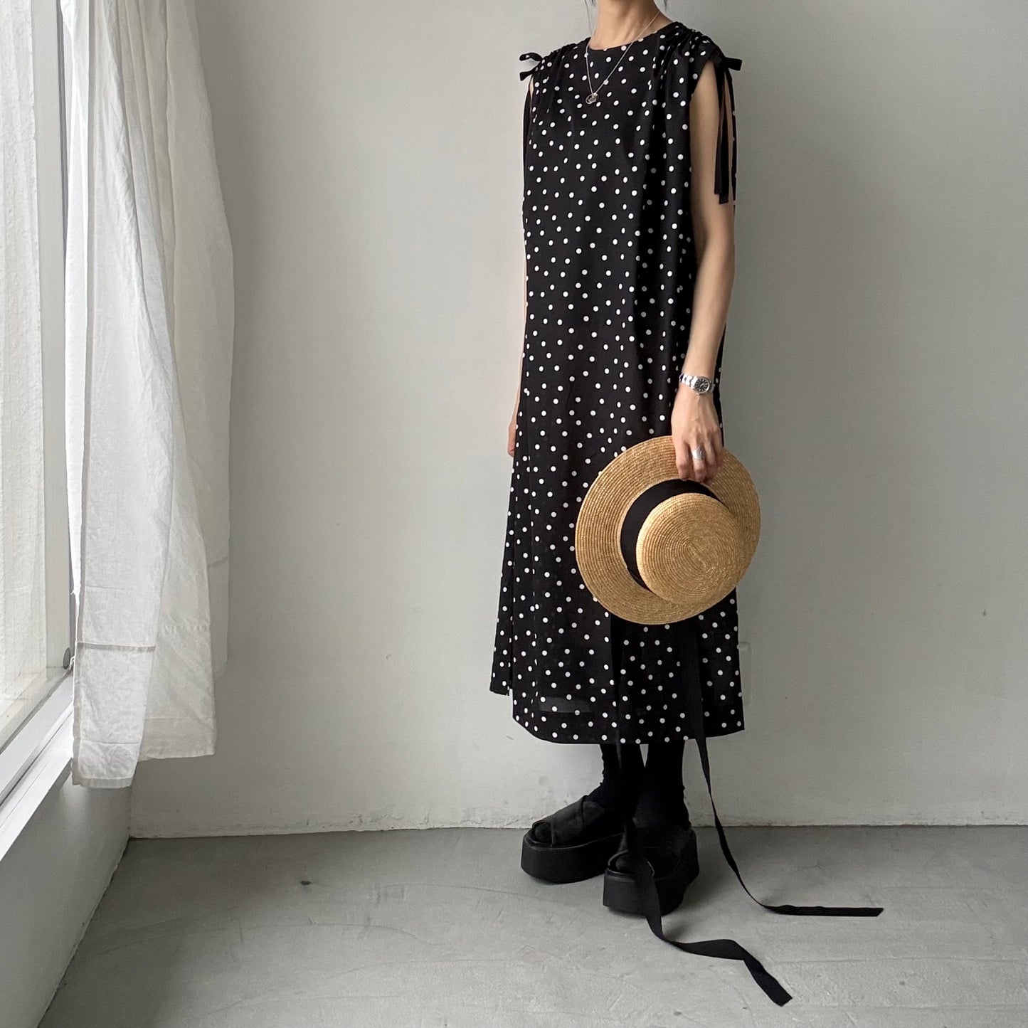 cion  コットン水玉ショルダーリボンワンピース