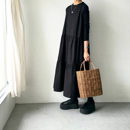 🟡週明け入荷分予約受付中🟡Linenya  ティアードワンピース　ブラック
