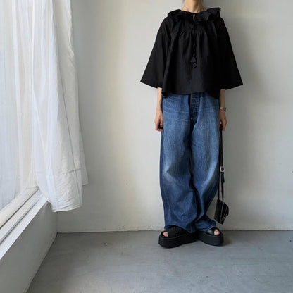 MAGALI コットンシルクブレイドフリルカラーブラウス　ブラック