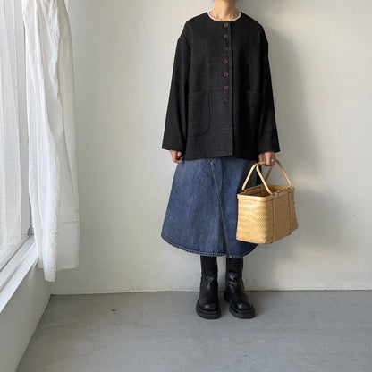 MAGALI  ウールリネンヘリンボンミディアムジャケット　ブラック