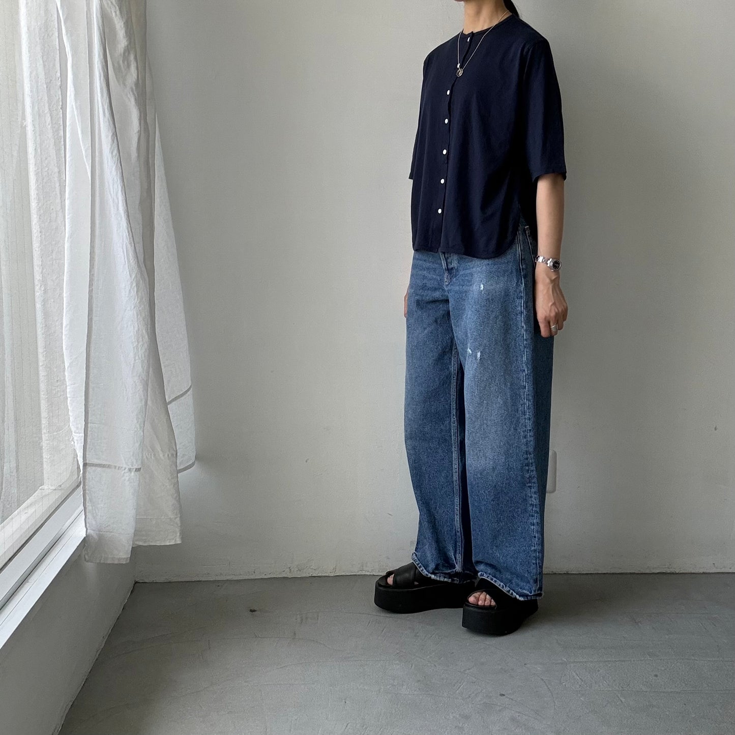 homspun 天竺5分袖カーディガン　ネイビー
