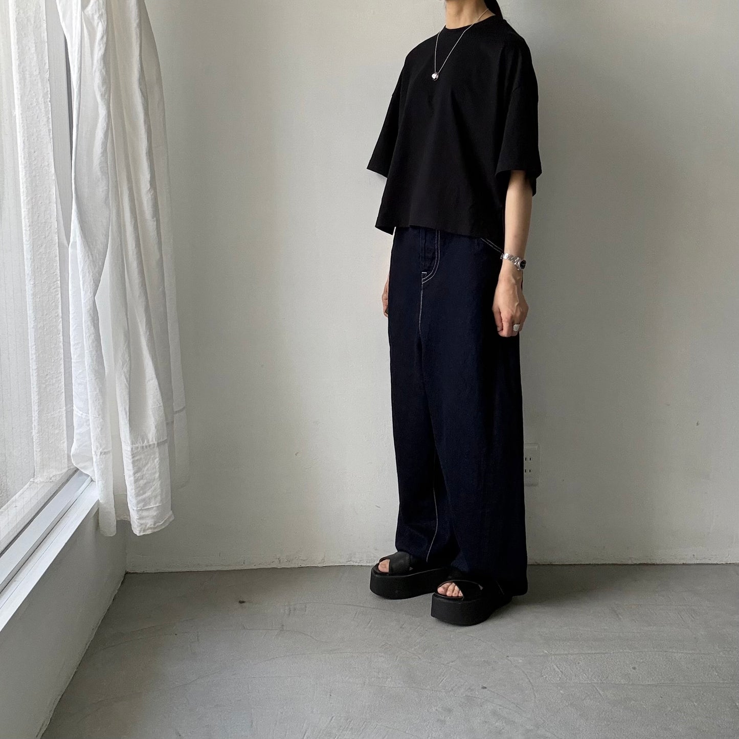 atelier naruse  コットン5分袖カットソー　ブラック