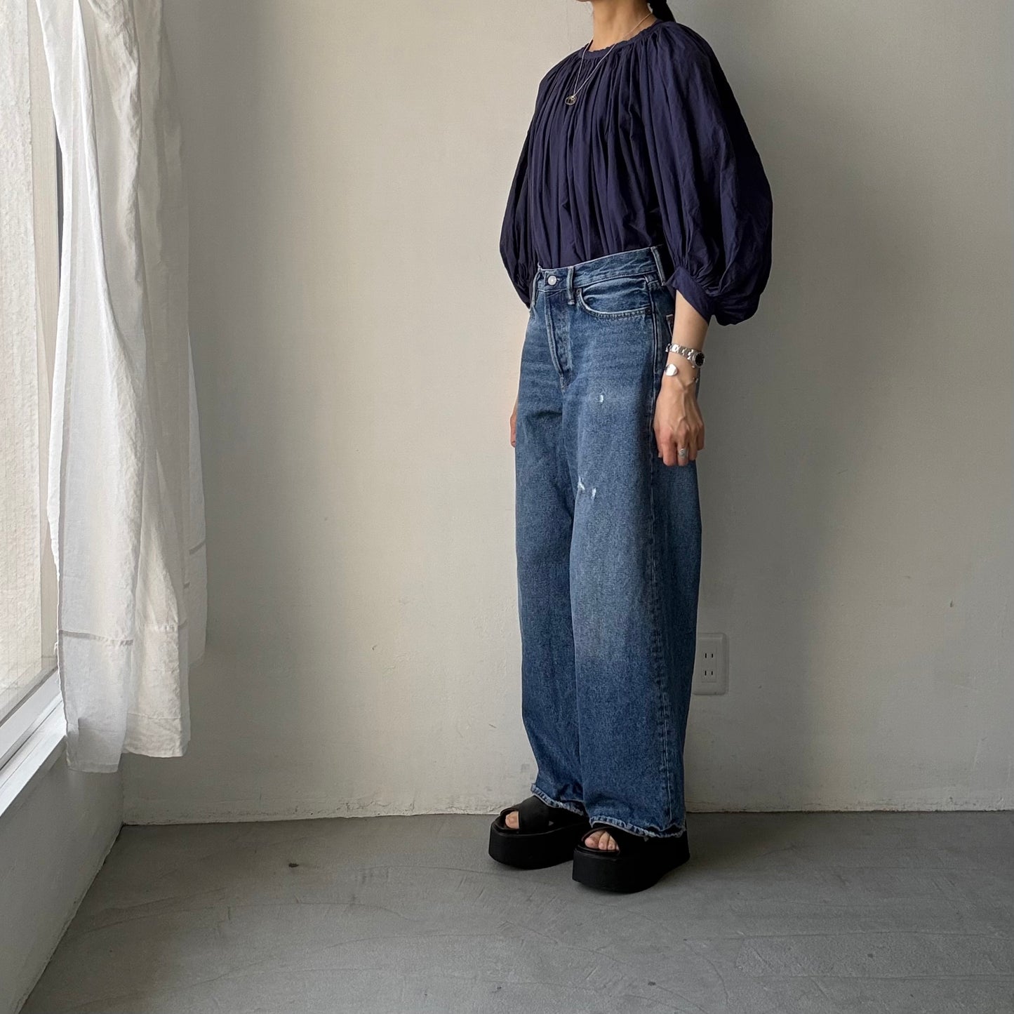 R&D.M.Co ガーメントダイカディギャザースモック　ダークブルー