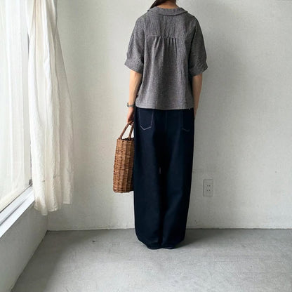MAGALI リネンコットンギンガムフラットカラーブラウス