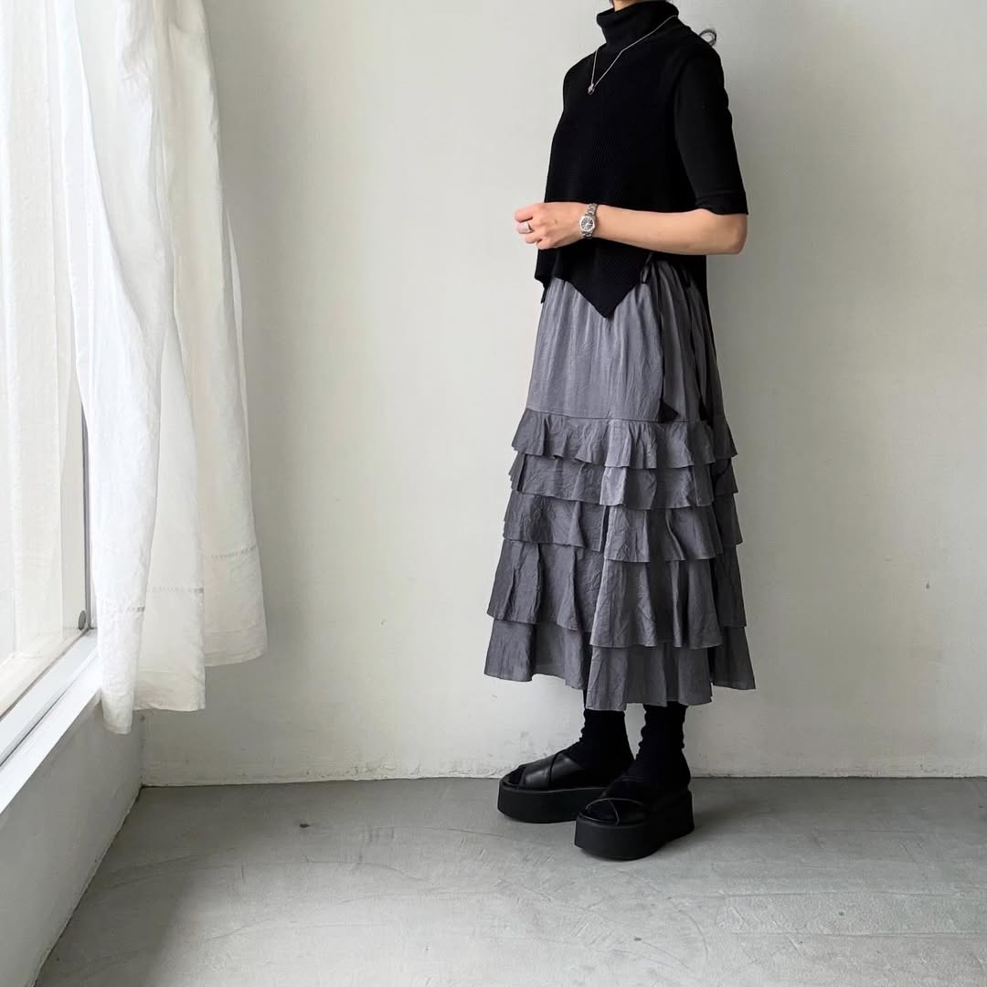 MAGALI コットンシルクブレイドティアードスカート　グレー