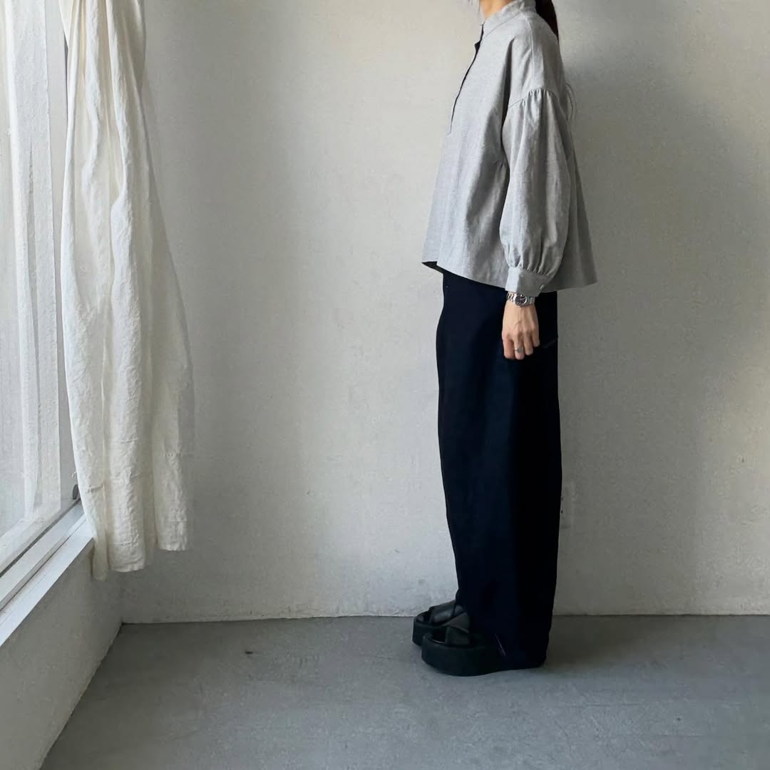 Linenya  コットンリネンウール長袖スタンドカラーブラウス