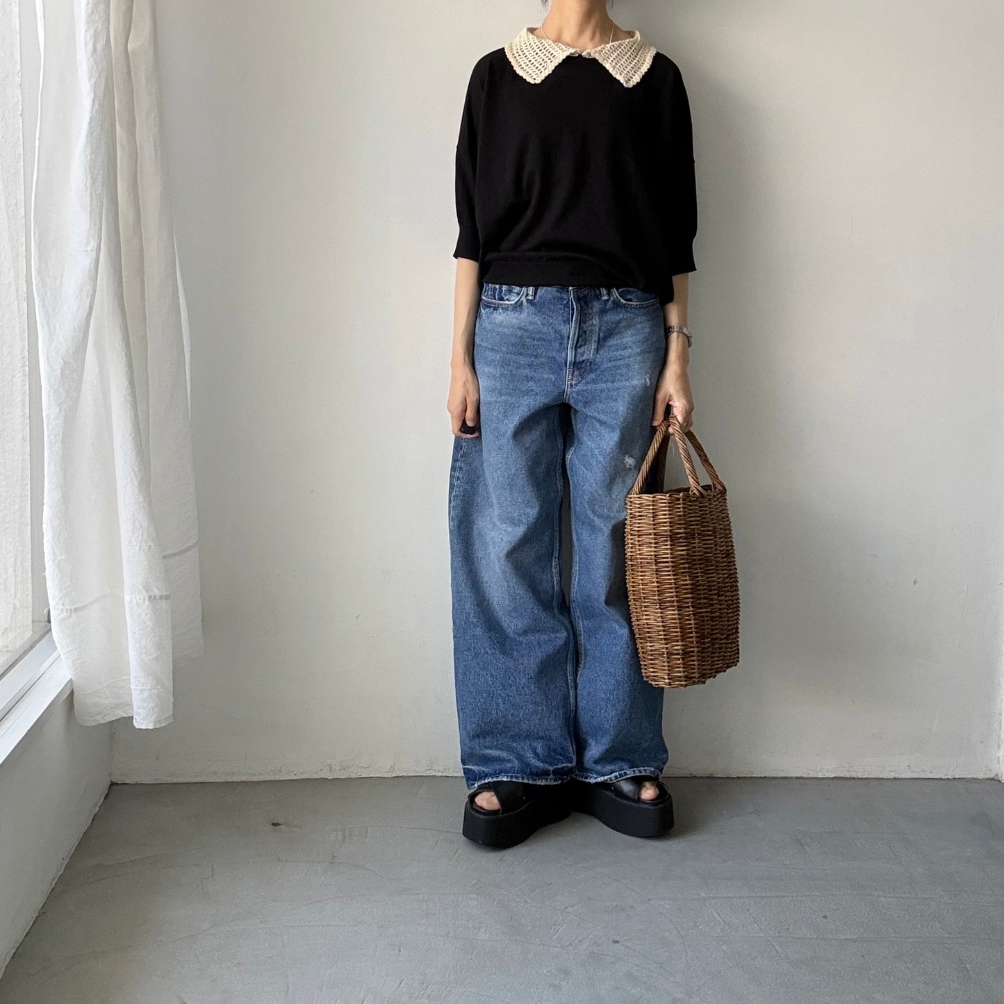 atelier naruse  コットンクロシェカラーニット　ブラック