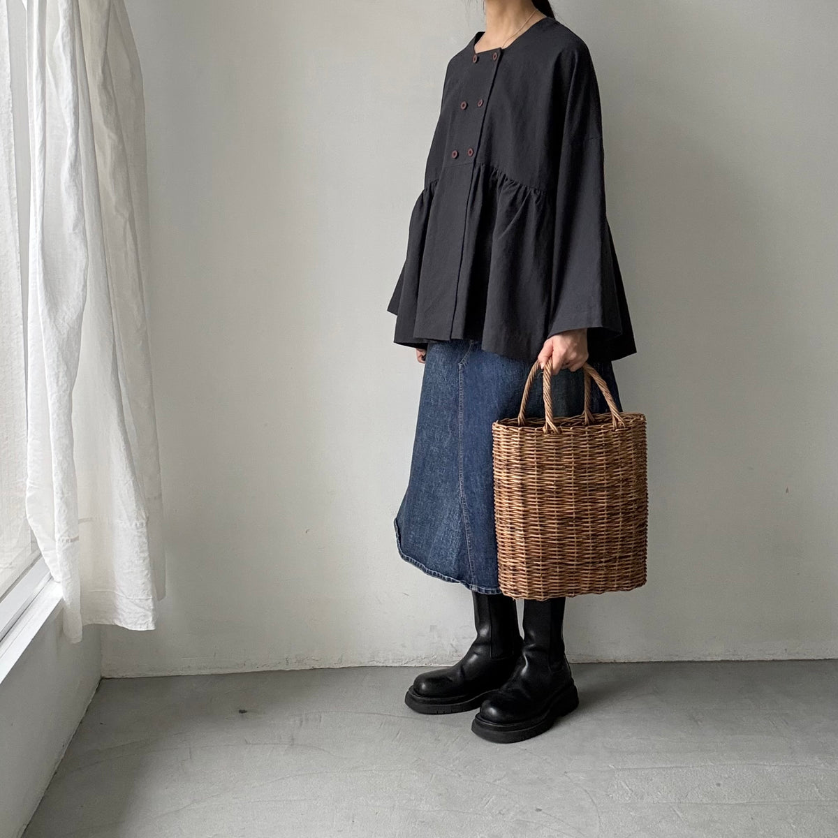 MAGALI  コットンリネンオーバーダイダブルボタンジャケット　チャコール