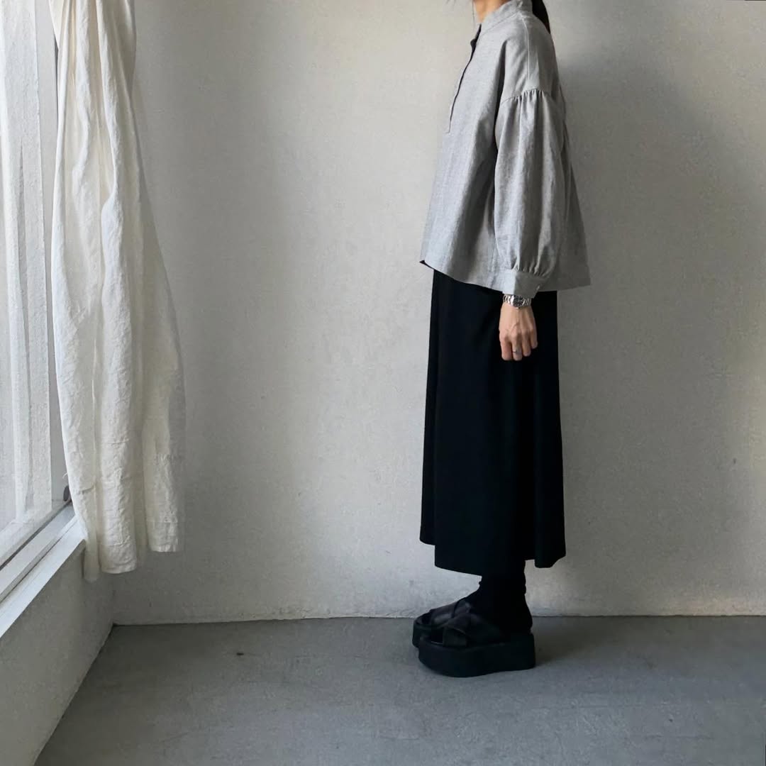 Linenya  コットンリネンウール長袖スタンドカラーブラウス