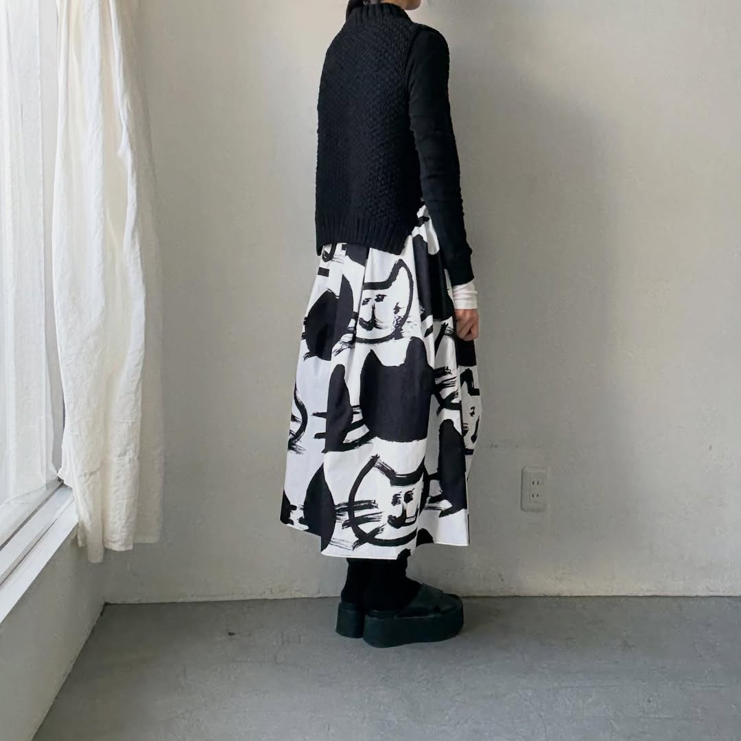 ayanoguchiaya　ネコ柄タックワイドスカート(blanc別注)