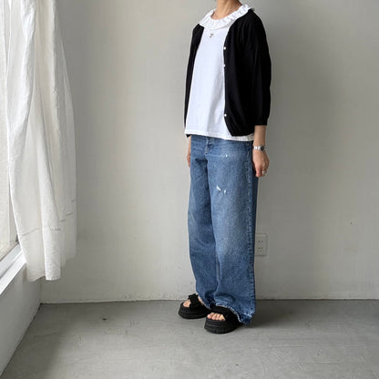 homspun 天竺フリルカラー半袖プルオーバー　ホワイト