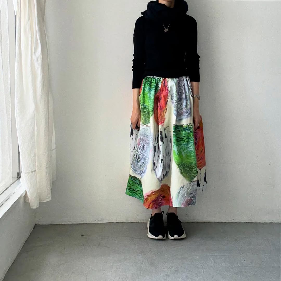 ayanoguchiaya　アートワークプリントタックワイドスカート