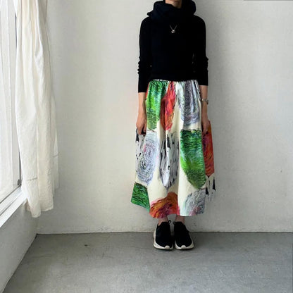 ayanoguchiaya　アートワークプリントタックワイドスカート