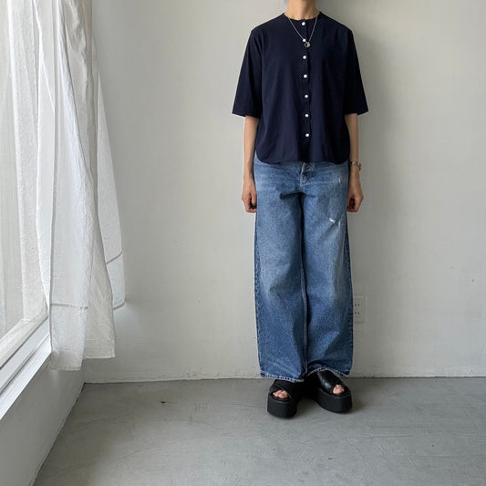 homspun 天竺5分袖カーディガン　ネイビー