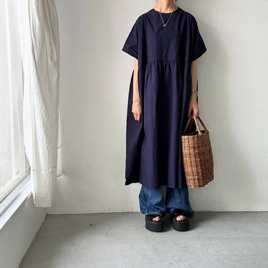 homspun コンパクトウェザービッグギャザーワンピース　ネイビー