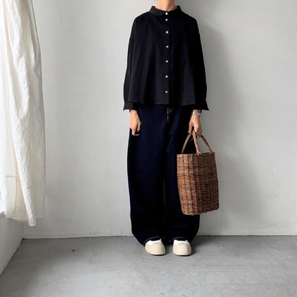 Linenya  コットン丸襟長袖ブラウス　ブラック