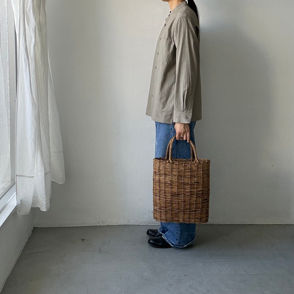 atelier naruse  オーガニックコットングレンチェックバンドカラーシャツ