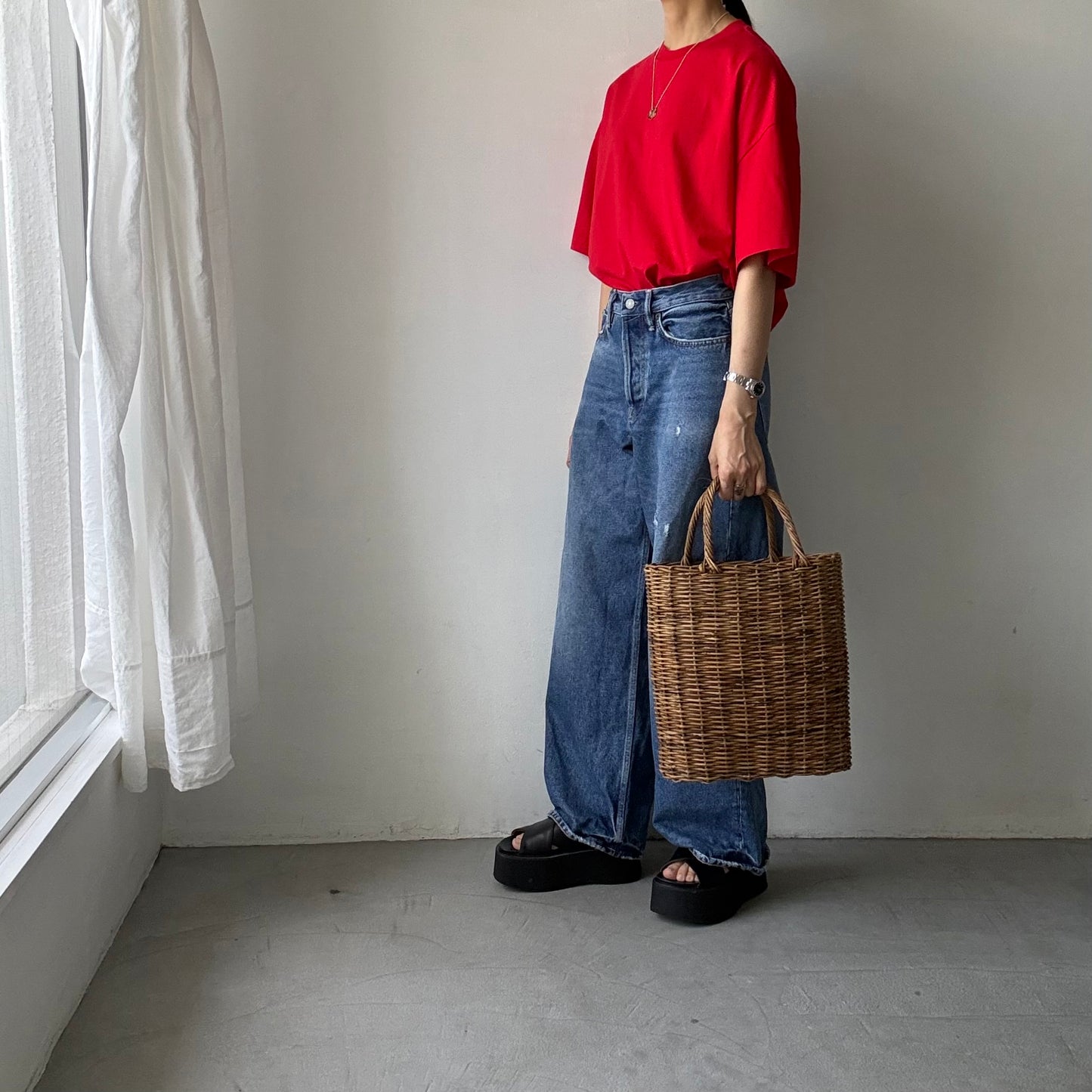 atelier naruse  コットン5分袖カットソー　レッド