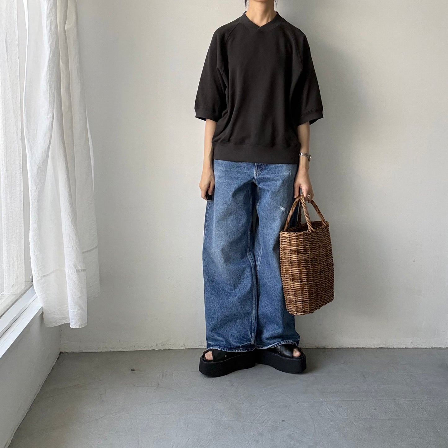 atelier naruse  コットン半袖スウェットシャツ　スミクロ
